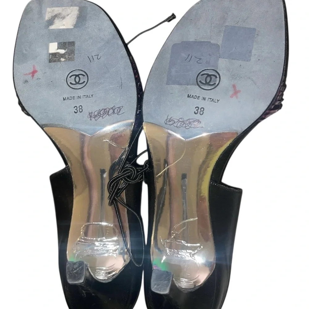 CHANEL Black Purple Tie Stiletto Heels 38 8